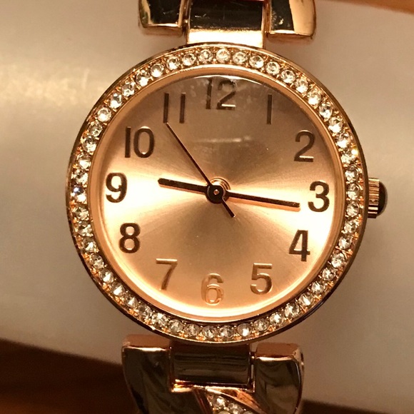 Rose Gold Accessories - Rose Gold Base Metal Bezel Bangle Watch - Working